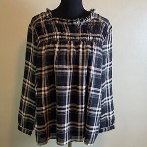 Indigo Soul Plaid Smocked Ruffle Neck Babydoll Top Sz M NWT